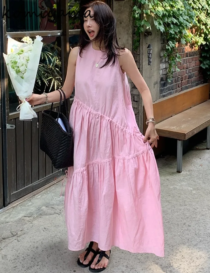 Draw String Vestidos Mujer O-neck Sleeveless Dress Korean Ins Big Swing ...