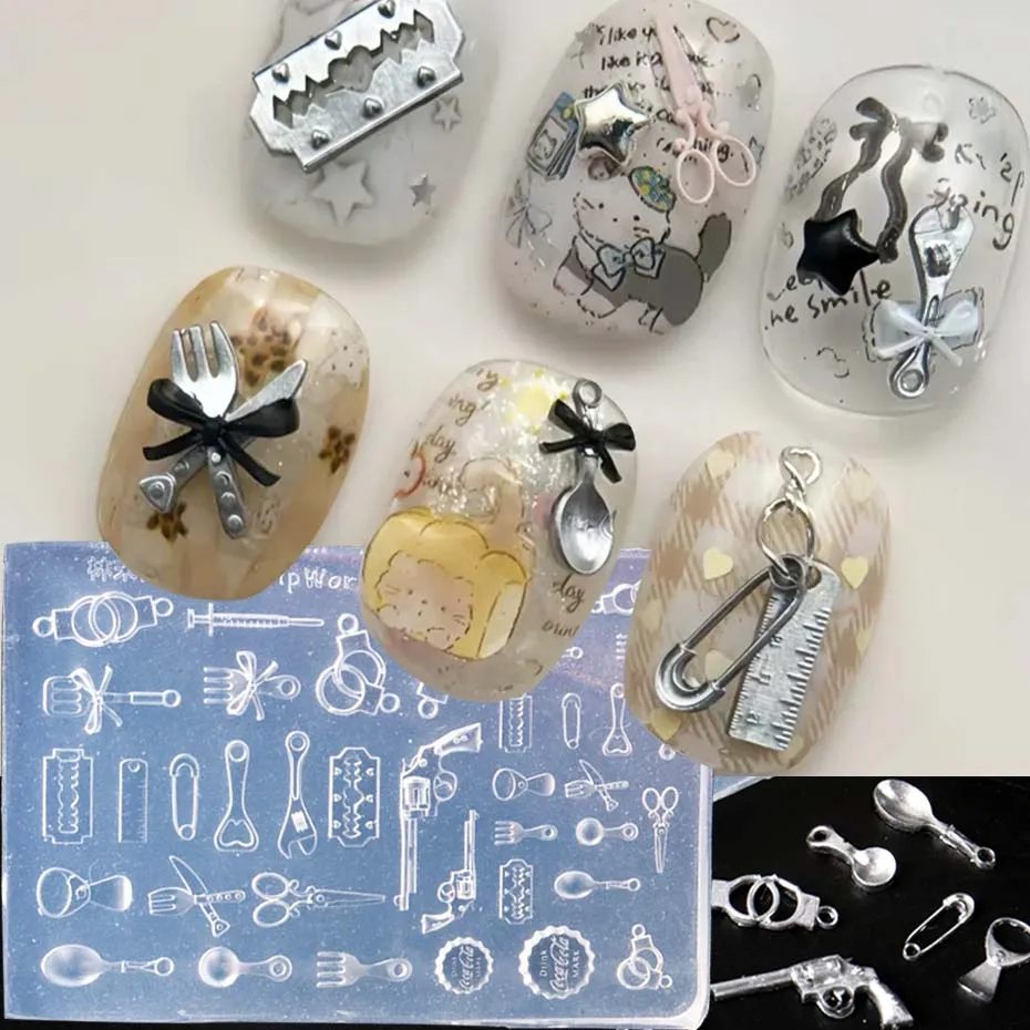 3D 네일 실리콘 네일 조각 몰드 재미있는 식기 수갑 장난감 레진 디자인 네일 아트 프린트 스텐실 DIY 매니큐어 몰드 도구