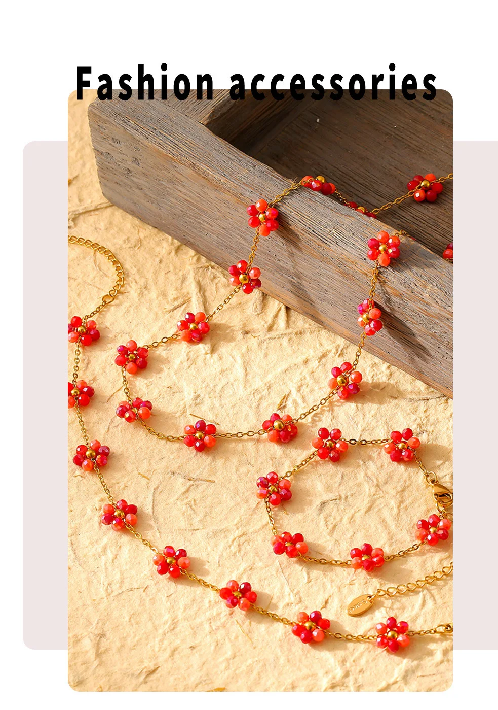 Buntes Glasstein-Perlen-Blumen-Anhänger-Halsketten-Armband-Fußkettchen-Set für Damen, Edelstahl, vergoldete Kette, Sommerschmuck – Detail 6