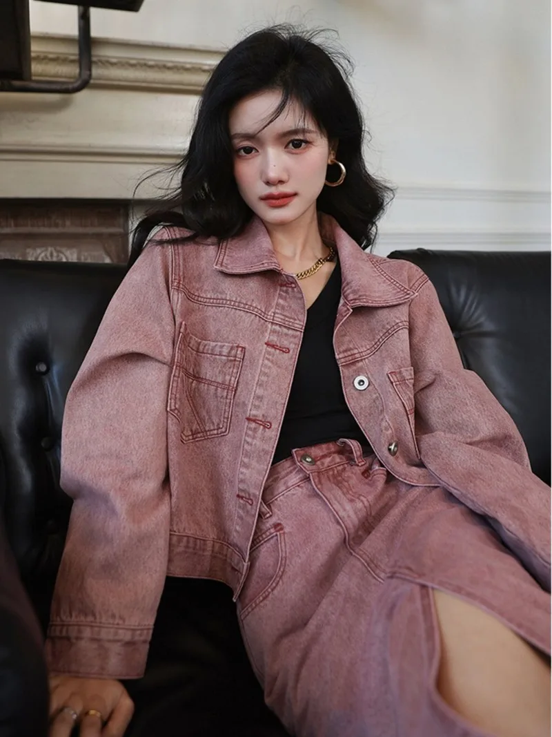 

Spring Autumn New Washed Distressed Pink Vintage Casual Button-up Women Denim Jacket + High Waist Solid Color Long Skirt Mujer