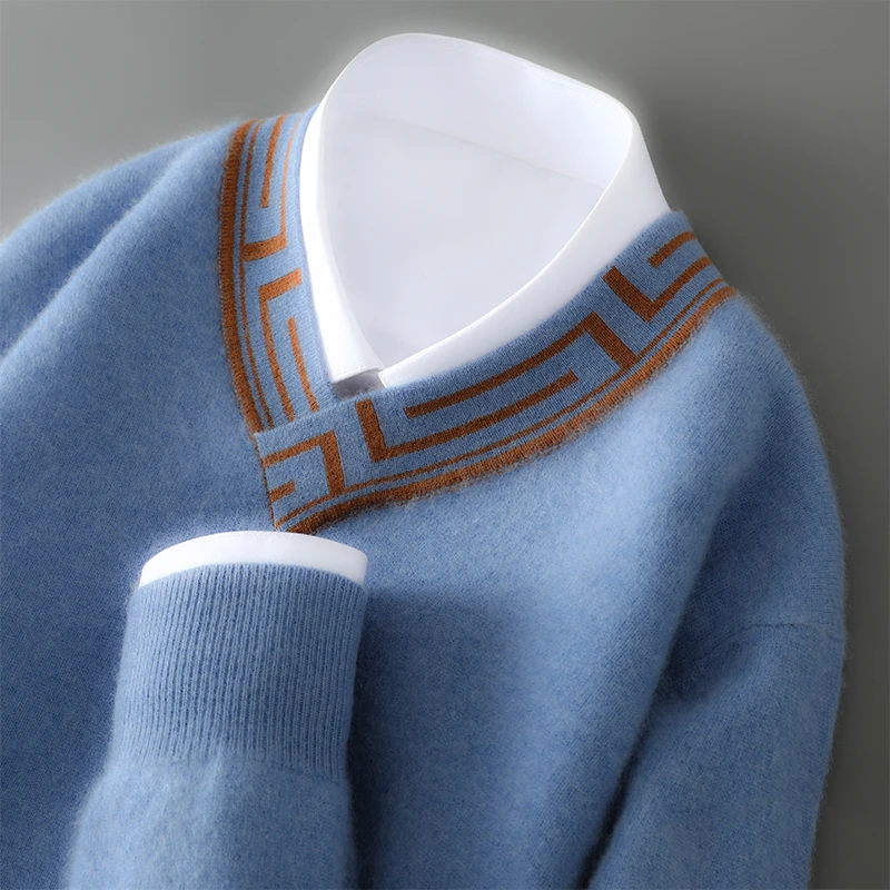 ATTYYWS Autumn and Winter Knitted Casual Color blocked Men's V-neck Sweater Business Full Sleeve New 100% Wool Men's pullover 3