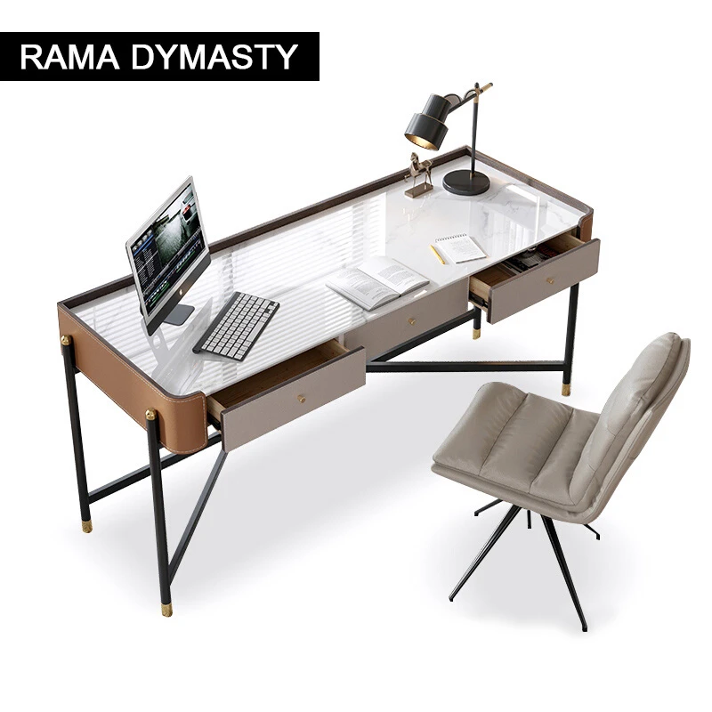 Light Luxury Slate Table Top Desk With 3 Drawers Simple Modern Saddle Leather Study Table