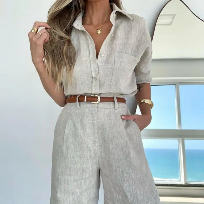 Fashion White Loose 2 Piece Shorts Set Long Sleeve Lapel Shirt High Waist Casual Shorts Suit Spring Retro Streetwear Lady Outfit