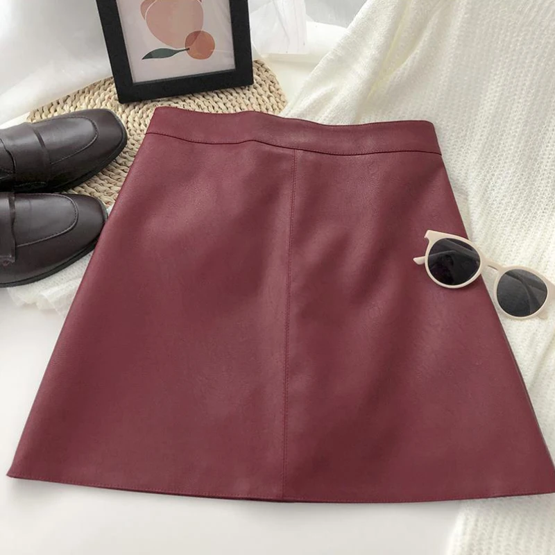 floral skirt JMPRS Women Skirt A-line Fashion High Waist Faux Leather Spring Zipper Up Korean Version PU Solid Color Female Mini Skirts New black leather skirt