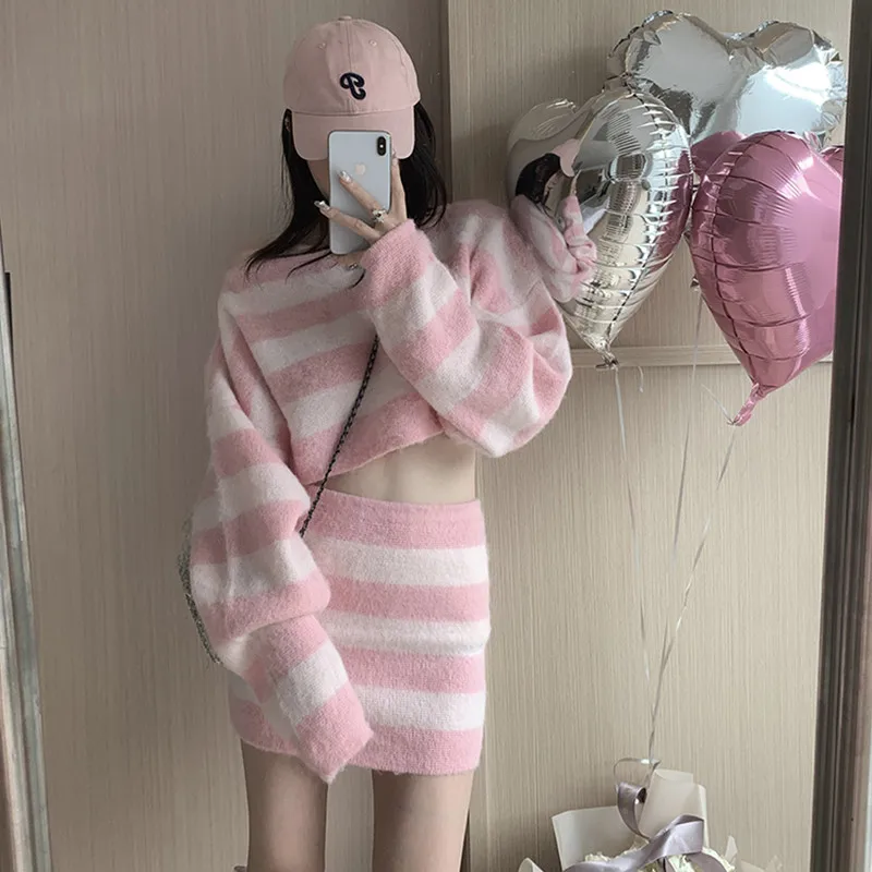 Autumn Striped Two-piece Skirt Set Women Long Sleeve Cropped Off Shoulder Top Bodycon Mini Skirt Korean Fashion Suits New