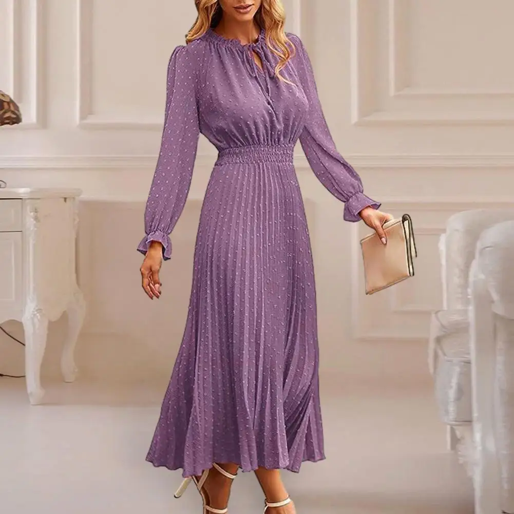 

Women Fall Spring Dress Dot Print Pleated High Tight Waist Long Sleeve Shirring Collar Lace Up V Neck Lady Midi Dress Vestidos