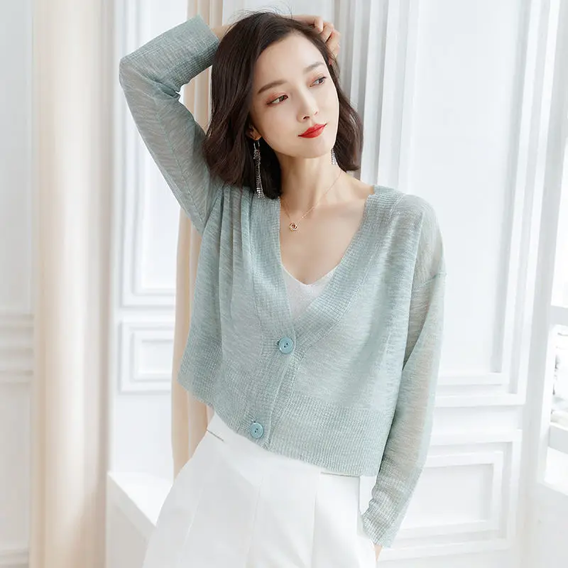 

Korean Fashion Women's Cardigan Summer Thin Knitted Top Sun Protection Shirt Grace Retro Designer Spring Autumn Top Coat Office