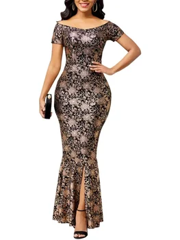 Women Dress Elegant Flower Party Dress Off the Shoulder Short Sleeve Slit Maxi Long Dresses for Woman 1
