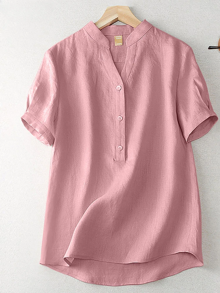 

2024 Summer Elegant Loose Chemise Cotton Blouse Vintage OL Work Tunic Tops Women Casual Solid Shirt V Neck Short Sleeve Blusas