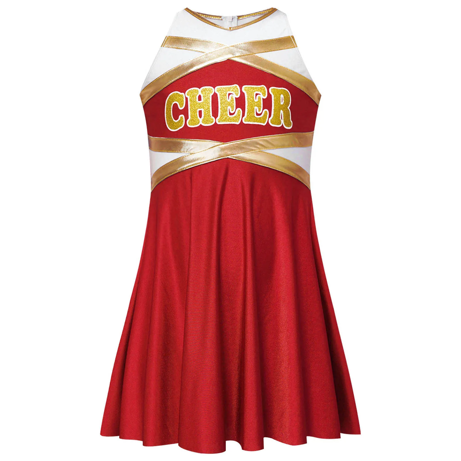Kids Girls Cheerleading Uniform Cheerleader Cheer Dance Performance Costume Dancewear Sleeveless Letter Print Metallic Dress