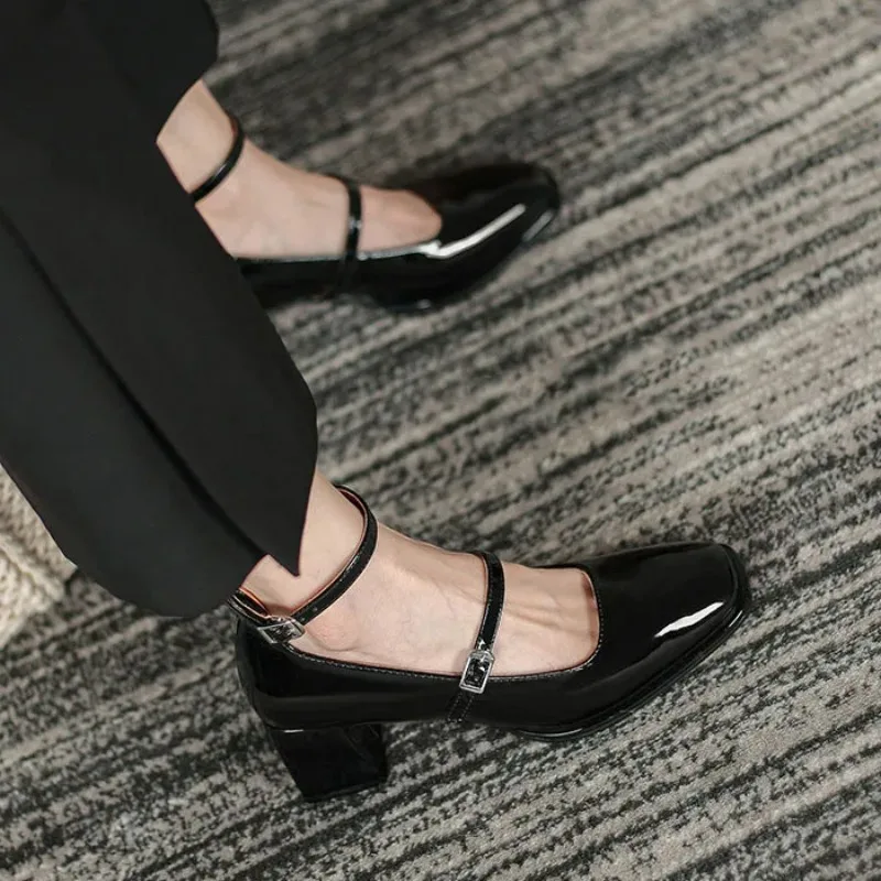 

Comemore 2024 Spring Women High Heels Buckle Retro Chunky Heel Patent Leather Shoes Mary Jane Pumps Women's Shoe Heeled Sandals