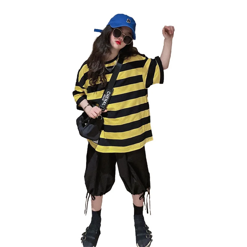 

Girls Outfits Fashion New Summer Crewneck Stripe Pullover Tops + Loose Casual Bloomers 2pcs Children's Clothing for Teens 4-14 Y