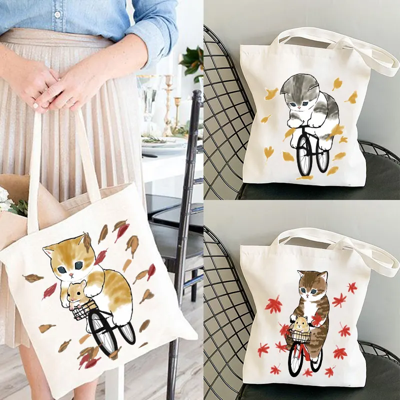 Kawaii Cat Print Womens Designer Tote Bags Linen Reusable Shopping Bag for Groceries Shoulder Bags for Lady Cute Tote Bag