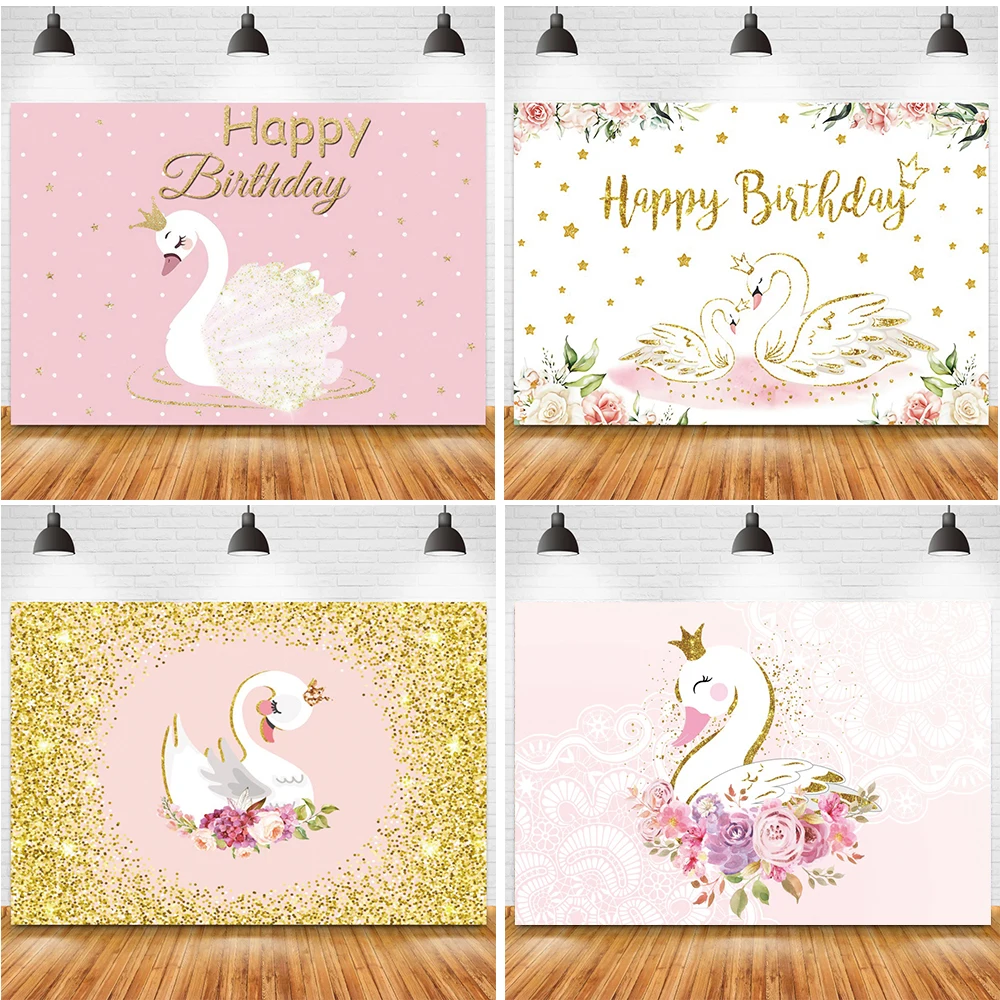 

Фон с изображением белого лебедя для фотосъемки на день рождения с изображением Золотой Звезды и точки для новорожденных девочек