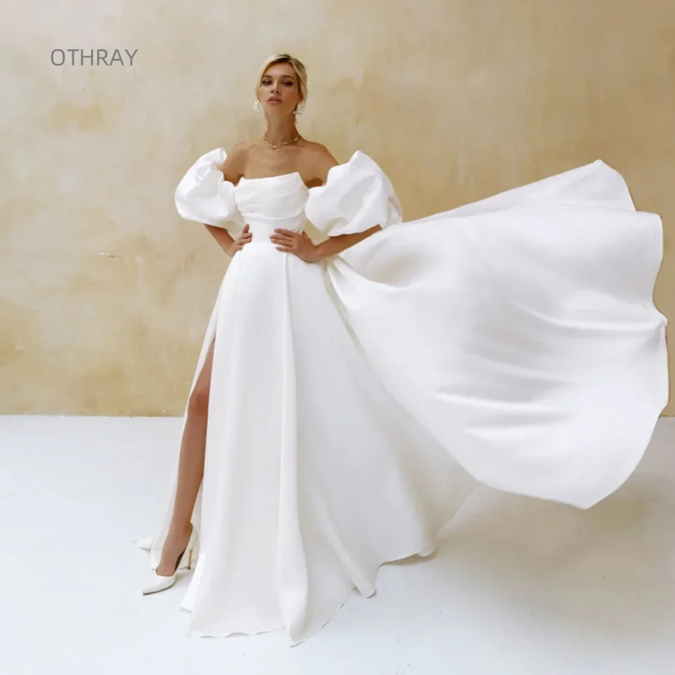 

2024 Elegant Satin Wedding Dress Short Puff Sleeves Simple Plain Bridal Gown A-Line Side Slit Sweep Train White Women