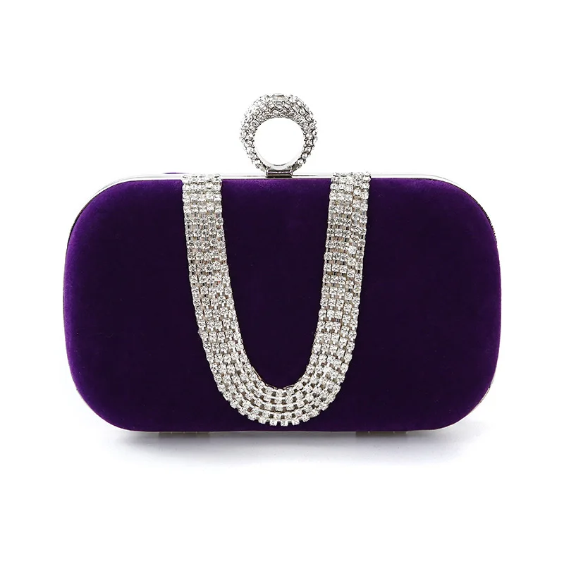 

Retro Wine Red Purple Clutches Fashion U Diamond Ring Handbags For Women Classic Velvet Small Clutch Purses Chain Shoulder Bag