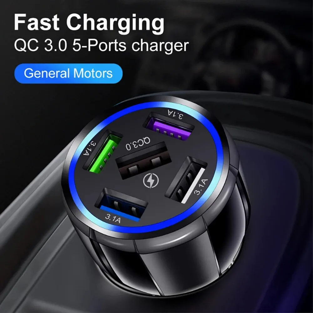 5-in-1 QC3.0 5 USB 차량용 충전기 고속 충전 차량용 충전기 원 드래그 멀티 5개 USB 포트 범용 고속 충전 차량용 충전기