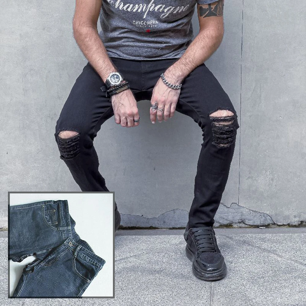 Men's Stretch Jeans Slim Fit Solid Color Invisible Open Crotch Outdoor Sex Ripped Tight Denim Casual Trousers Exotic Pants