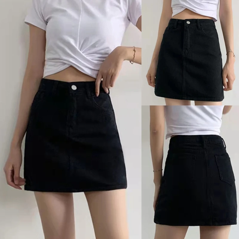 

High Waist Black A-Line Denim Mini Short Skirt Sexy Package Hip Slim Fitted Flared Hem Solid Color Jean Streetwear