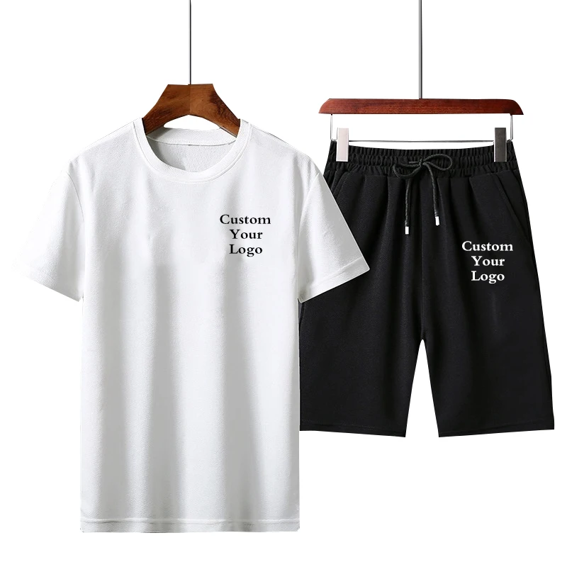 Men Custom Logo Sets Solid Color Loose O-Neck Short Sleeve T Shirt & Drawstring Shorts 2Pcs Streetwear Men's Casual Suits