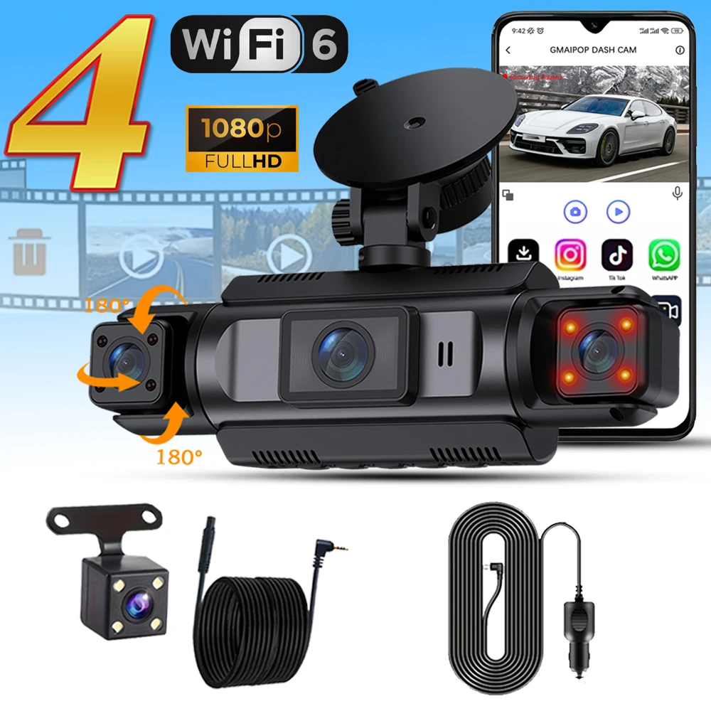 4-канальний Wi-Fi Dashcam Автомобільна камера Black Box Водіння DVR FHD 1080P Передня ліва права задня нічного бачення Loop Recording Hardwire Kit