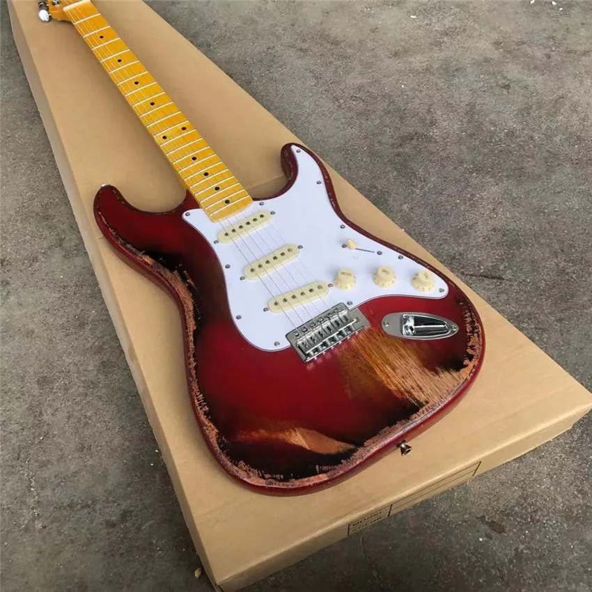 

Antique relic electric guitar, red cover with sunset color, black guard plate, cow bone string pillow, real photos, free shippin