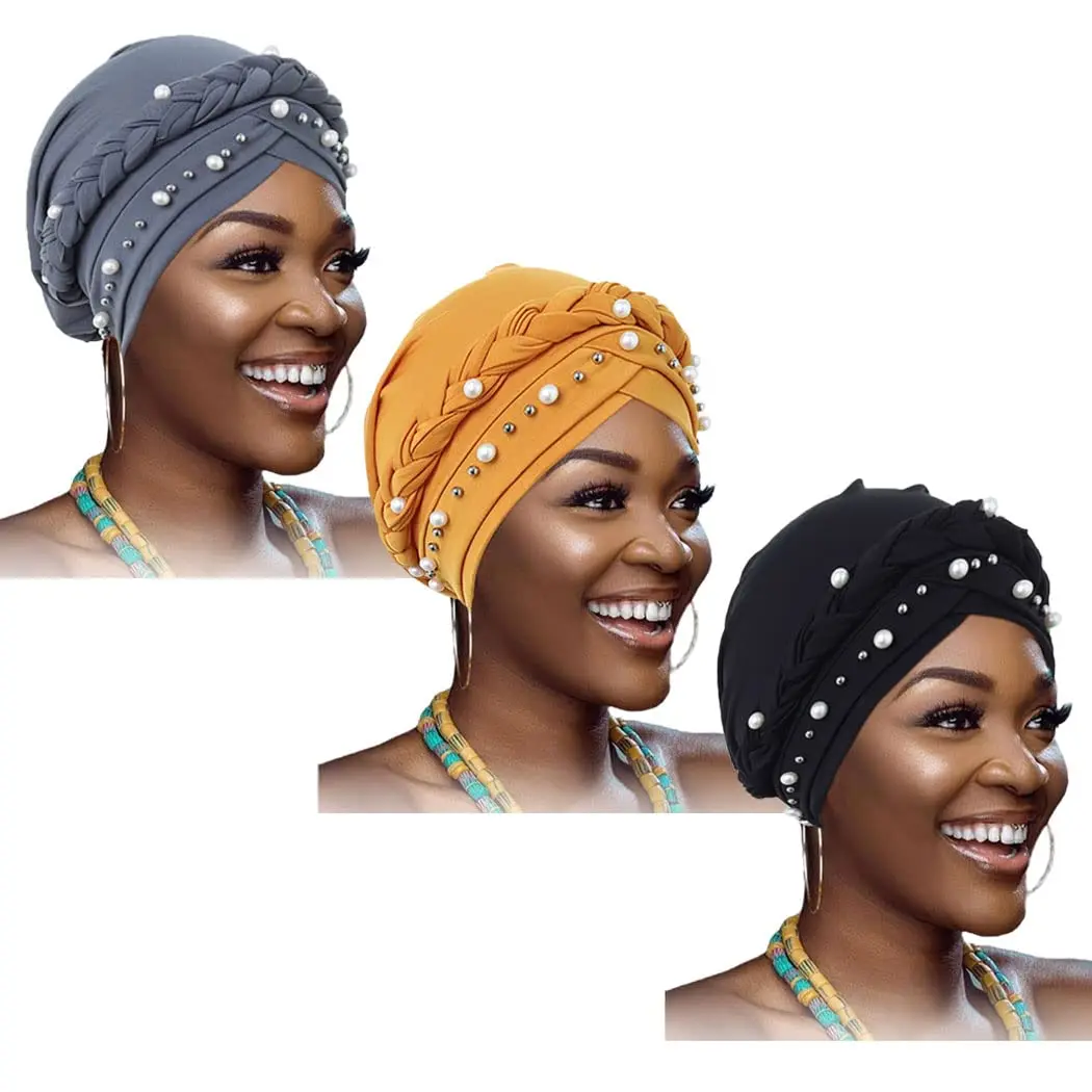

3 шт. Африканский тюрбан, головные повязки, жемчужный головной шарф, оплетка, предварительно завязанная мягкая головная повязка, шапка, головной убор для женщин и девочек