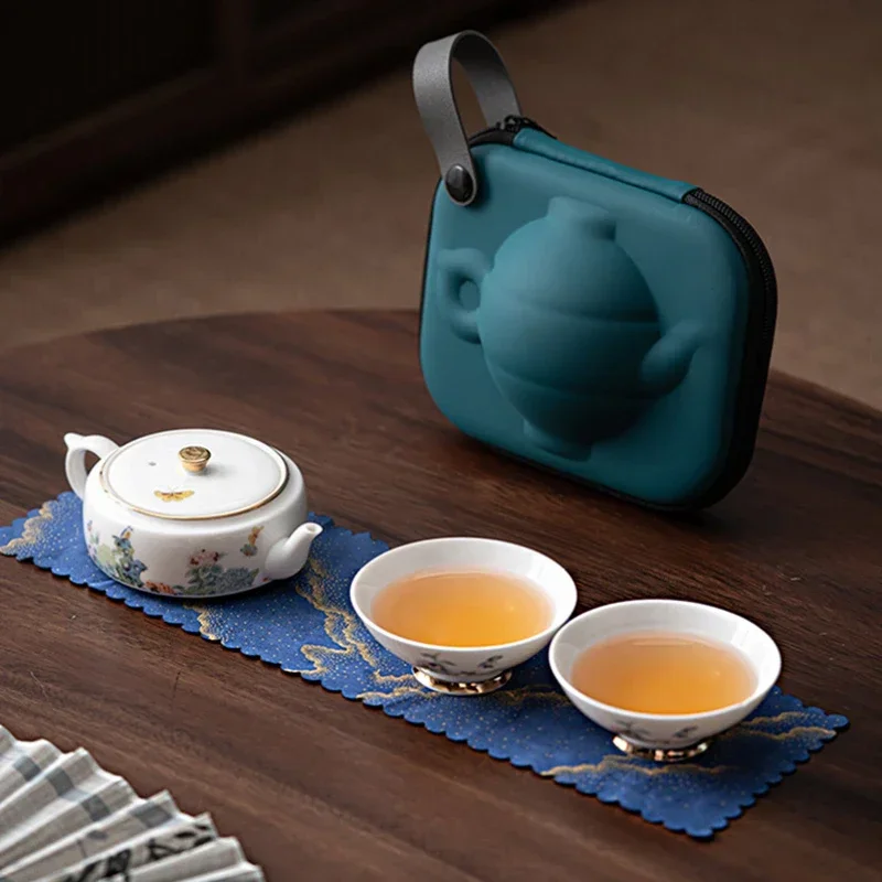 

Creative Outdoor Camping Portable Sheep Fat Jade White Porcelain Travel One Pot Two Cups Kung Fu Tea Set