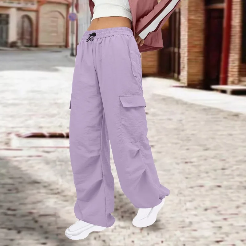 Solid Color Nylon Pocket Loose Cargo Pants Women 2023 Autumn Winter Elastic Waist Straight Leg Trousers Sports Jogger Streetwear