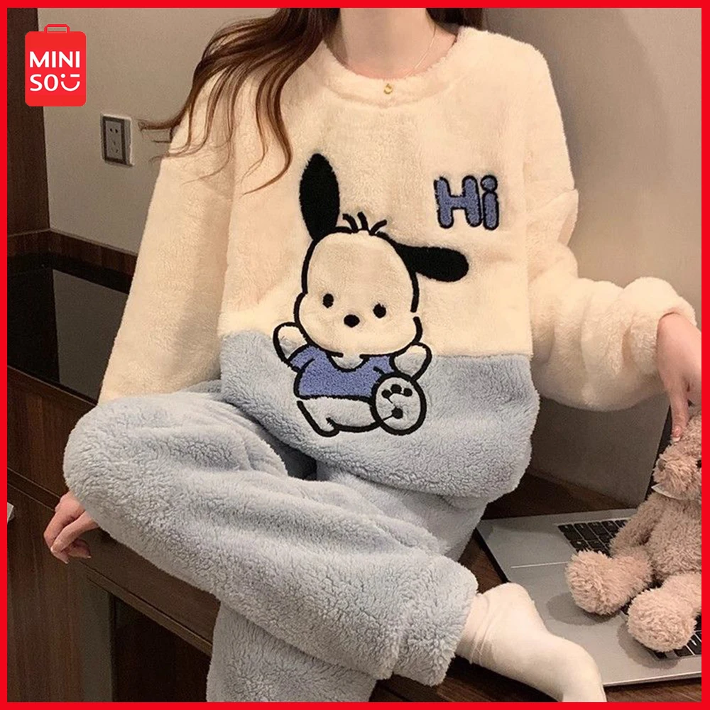 

Miniso Sanrio понравико картонная аниме Корейская версия женский коралловый бархатный Пижамный комплект для осени и зимы с длинными рукавами Повседневная одежда