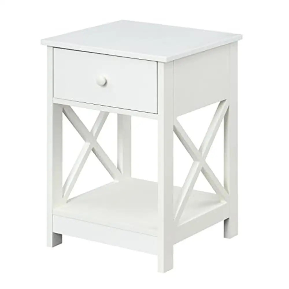 

Wooden Square End Table with Drawer and Shelf Transitional Contemporary Style MDF Construction White 15.75" x 15.75" x 24