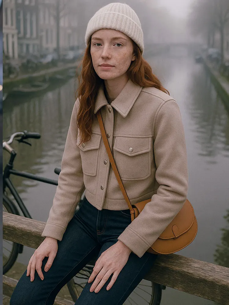 HH Women Vintage Solid Coat Front Pocket Long Sleeve Turn-Down Collar Bomber Jacket Autumn Casual Office Lady Outerwear