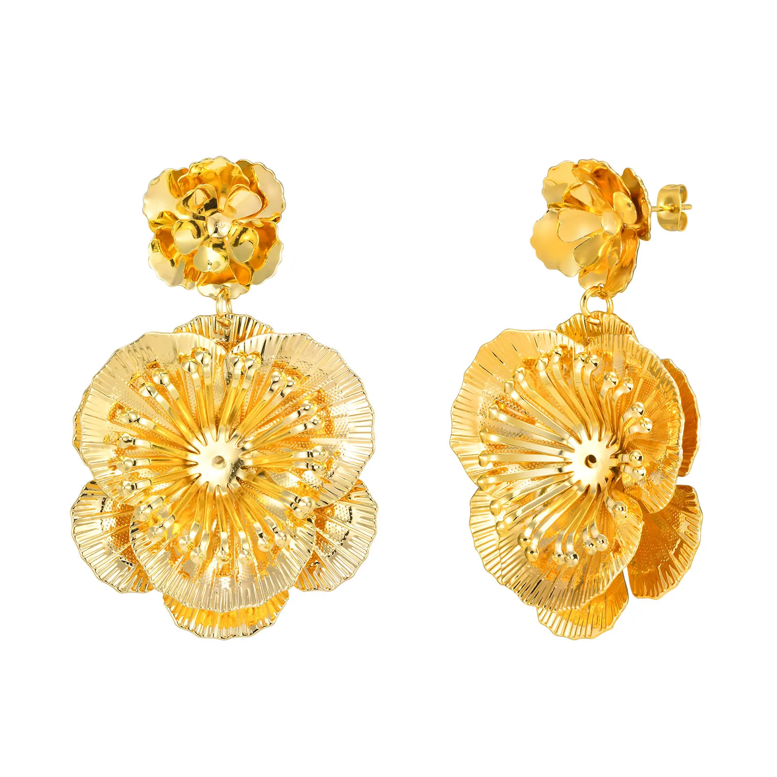 18k Gold Plated Statement Flower Drop Earrings for Women, Exaggerated Stylish Large Double Sculptural Floral Jewelry Gift