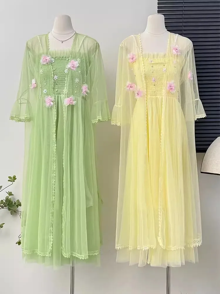 

Two-piece Set Autumn Women Flare Sleeve Flower Lace Cardigan Dress Sweet Beading Spaghetti Strap Mesh Dresses Lady Long Vestidos