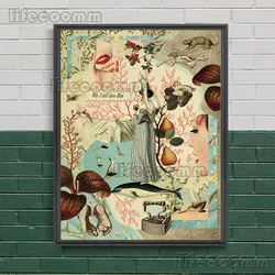Vintage Abstract Collage Canvas Art - Working Girl Poster & Print for Living Room Décor, Unframed (E)