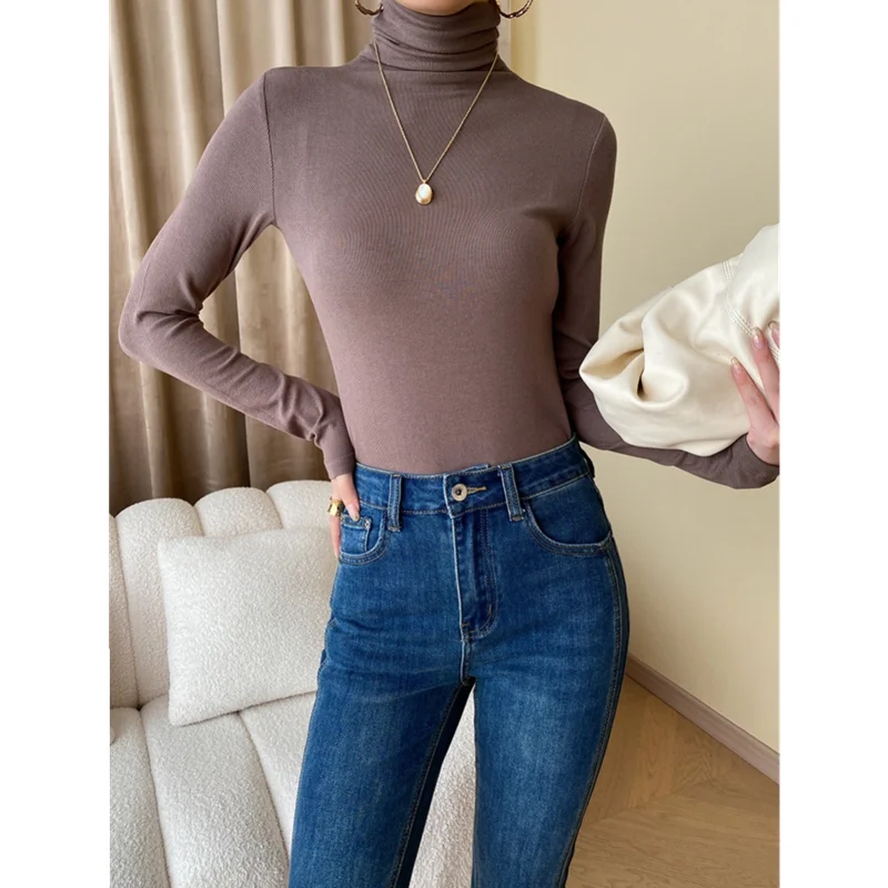 

2024 Women's Base Shirt for Spring Autumn Ladies High Collar Plain Bottoming Shirts Female Casual Basic Elastic Pullover Tops