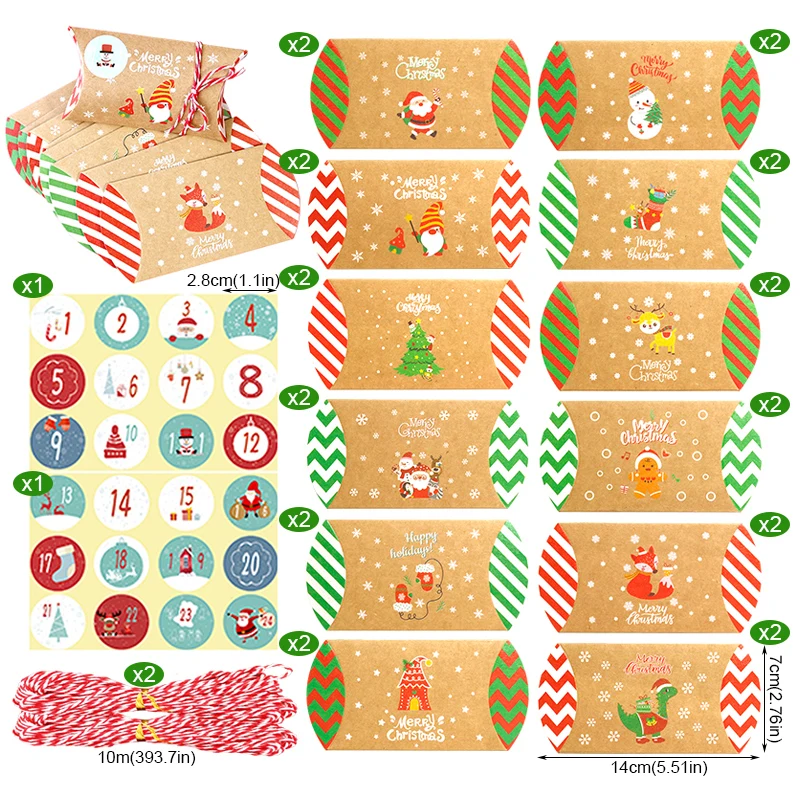 24Sets Pillow Shape Christmas Gift Boxes Vintage Kraft Paper Box with Number Stickers& Rope DIY Xmas Advent Calendar Treat Boxes