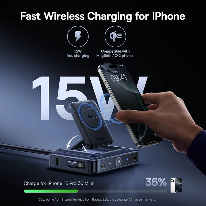 Baseus 245W Desktop Charger Tablet Fast Charger Qi2 Wireless Charger Retractable Cable USB C Phone Charger For iPhone 17 Samsung