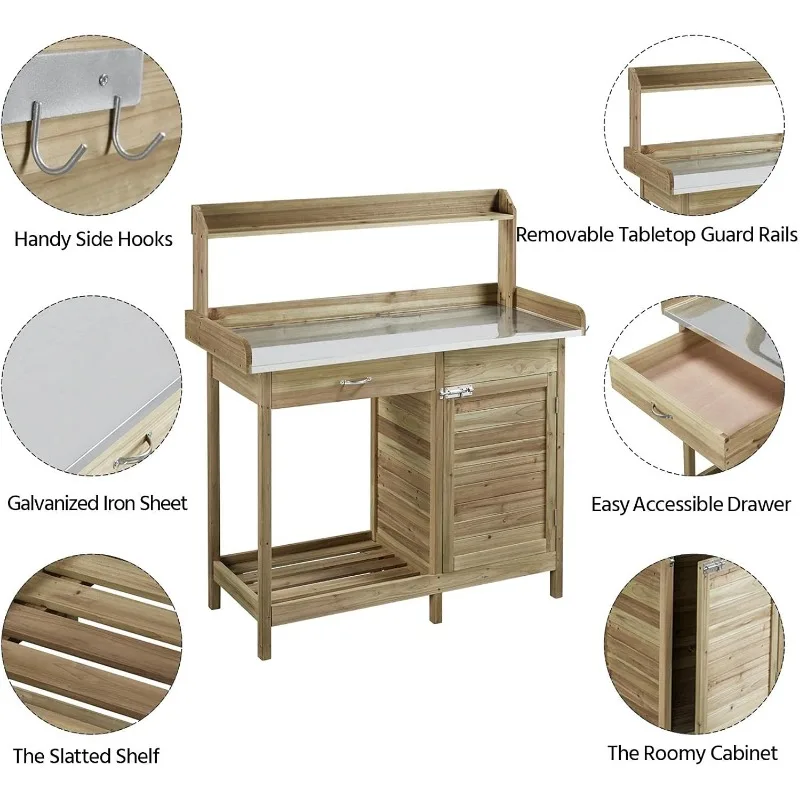 Outdoor Potting Bench with Metal Top & Storage 4