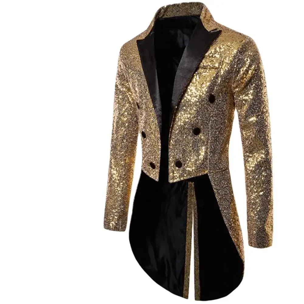 

Shiny Gold Sequins Glitter Men's Tailcoat Suit Jacket Male Double Breasted Wedding Groom Tuxedo Men's Blazer Party Stage Costume