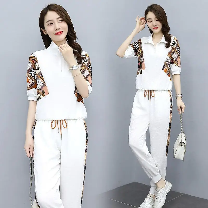 Leisure Set Large Women's 2024 Summer New Western Loose Fit Sports Fashion Short Sleeve Women's Two Piece Set Sweatsuits