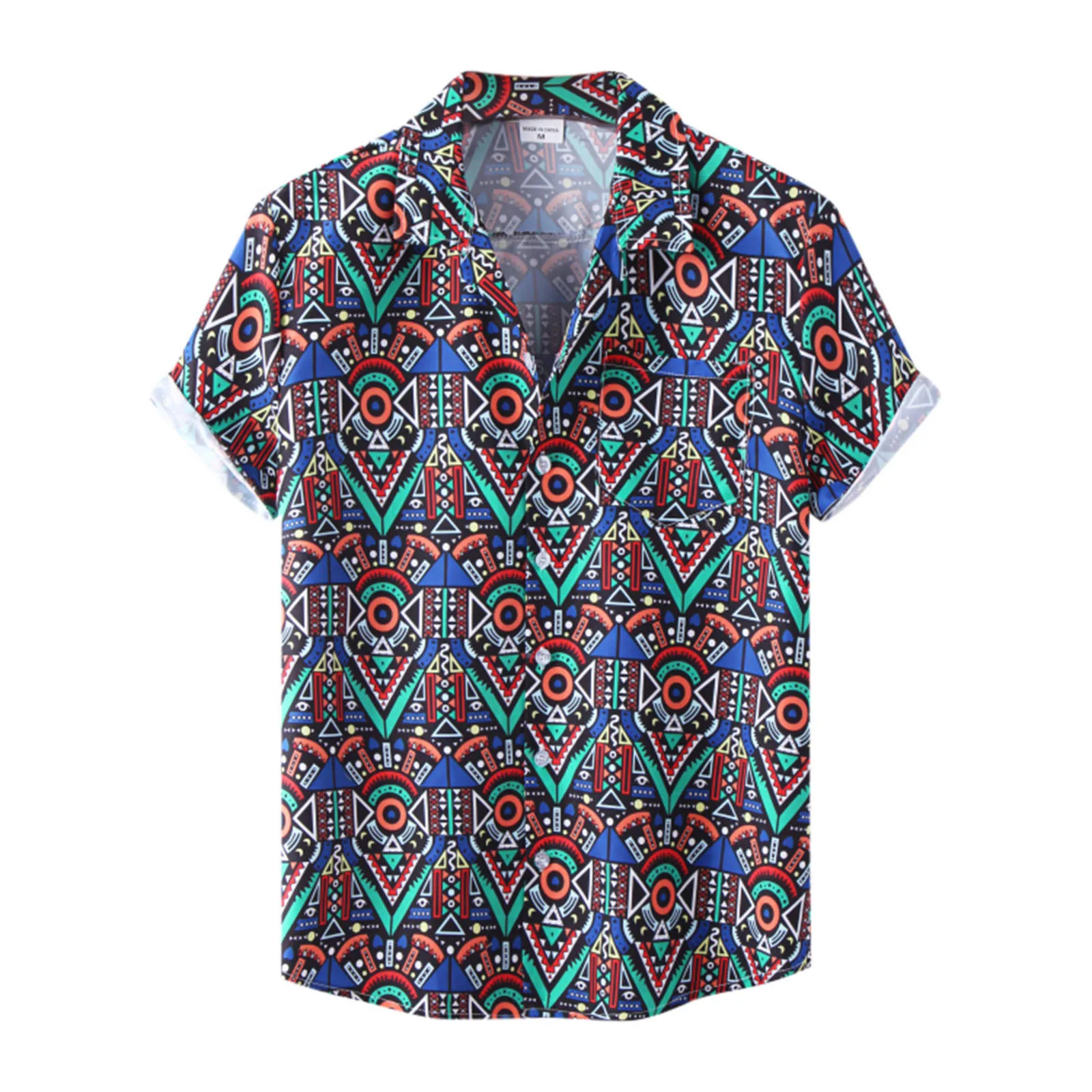

Men'S Fashion Ethnic Print Short-Sleeved Shirts Summer Aloha Turndown Collar Button Front Pocket Top Blouses Beachcasual Outfits