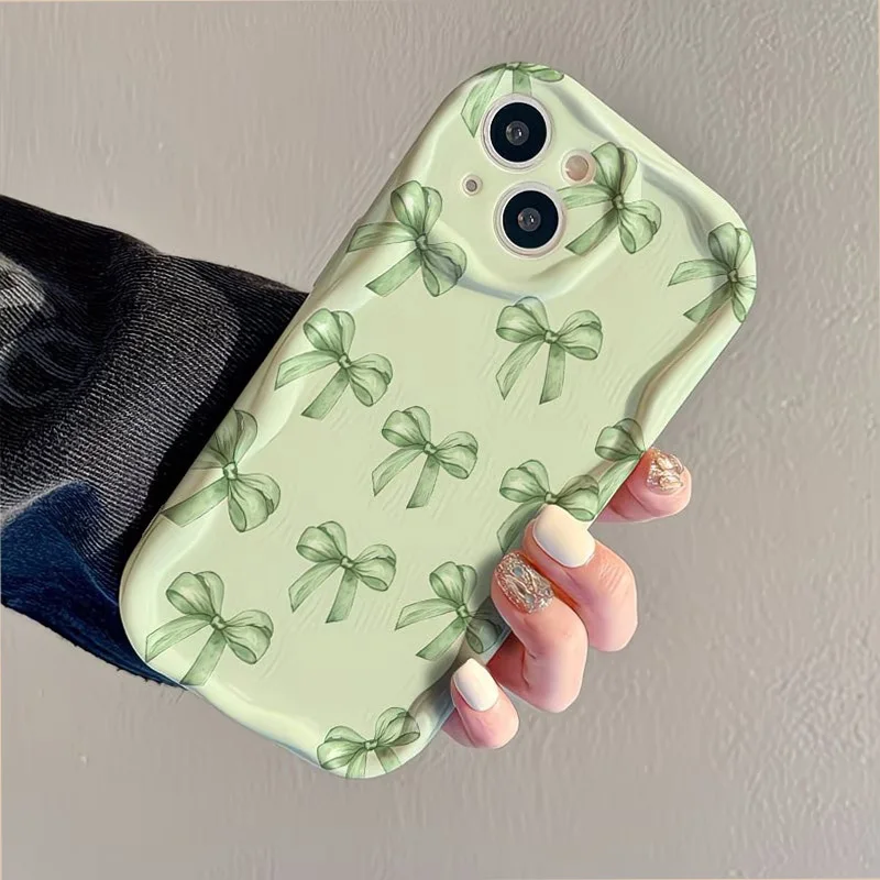 Green Bow Watercolor Art Design Curly Wave Frame Phone Case Cover
