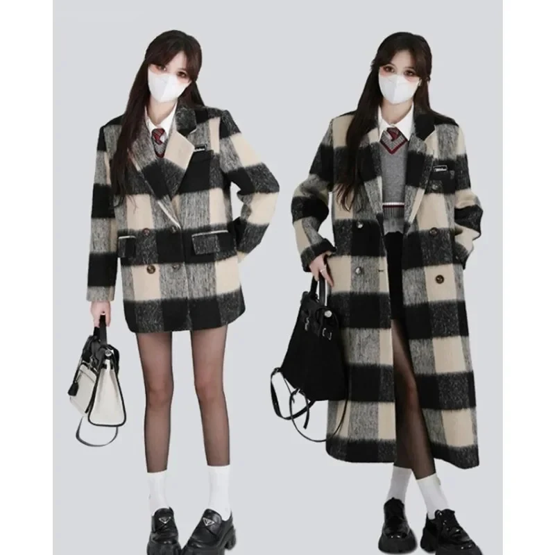 2023 Winter Vintage Preppy Style X-long Oversized Pockets Wool Jacket Women Loose Plaid Casual Notched Collar Warm Lady Coat