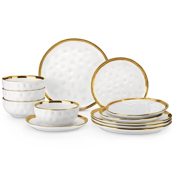 LOVECASA Set di stoviglie da 12/24 pezzi in porcellana ceramica bianca e bordo dorato con 4/8 pezzi Piatto piano/dessert/ Ciotola di cereali per 4 1