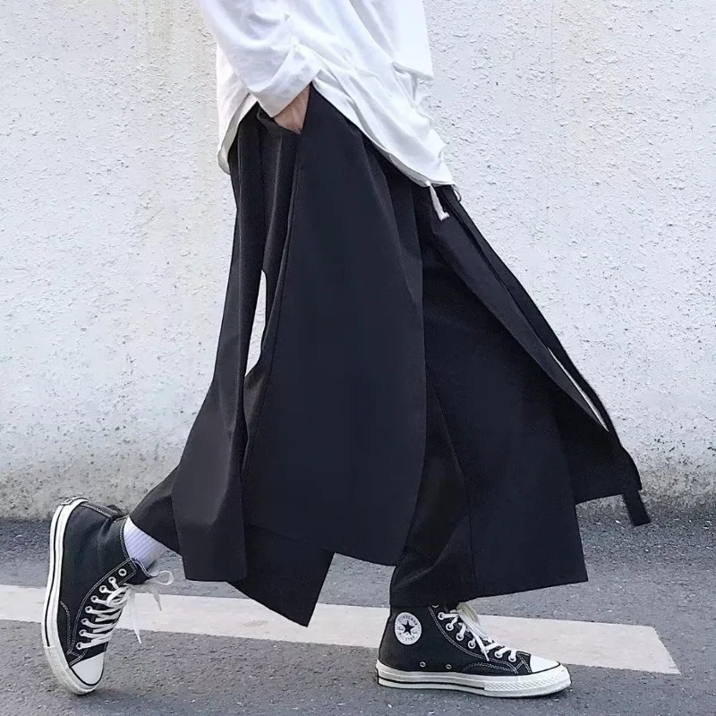 Fashion Black Straight Cropped Pants Streetwear Men's Casual Pants Wide Hip Hop Tang Suit Flared Online Chinese Store