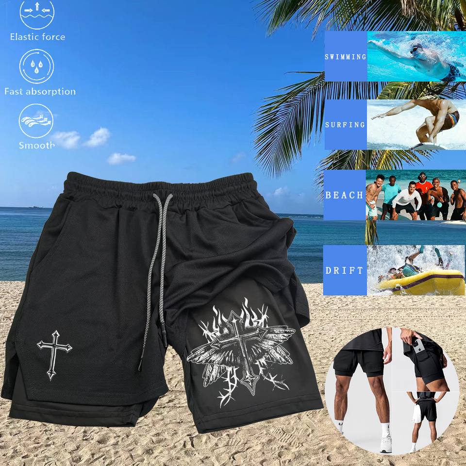 Christian Summer Men's Shorts Fashion Print Double Pocket Breathable Wicking Sweat Slim Sexy Athletic Shorts Fitness Beach Pants