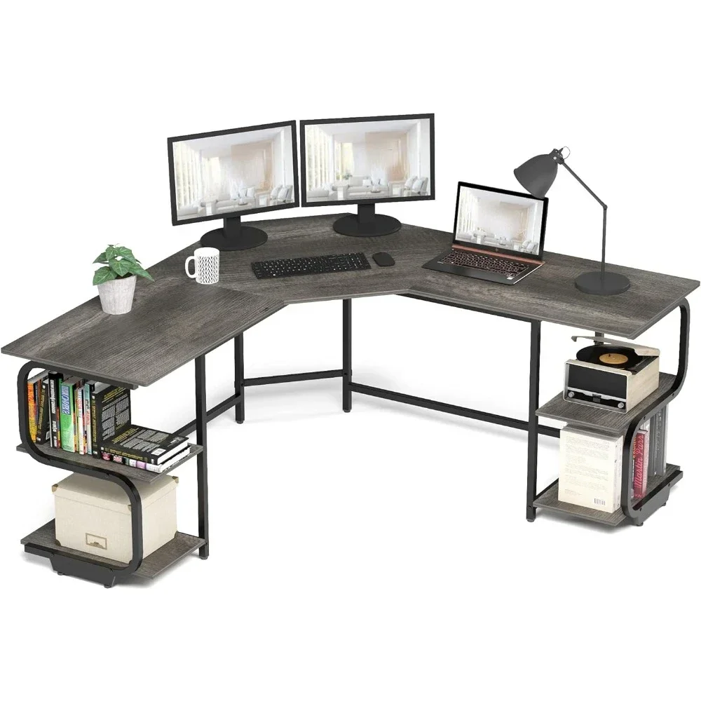 Modern L Shaped Desk with Shelves,64.84" Gaming Computer Desk for Home Office,Corner with Desktop (Black Oak+Black Frame