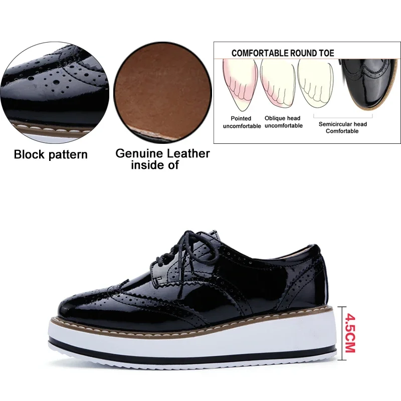 Spring Autumn Women Derby Platform Gold Flats Brogue Leather Lace up Classic Bullock Footwear Female Oxford Shoes Lady