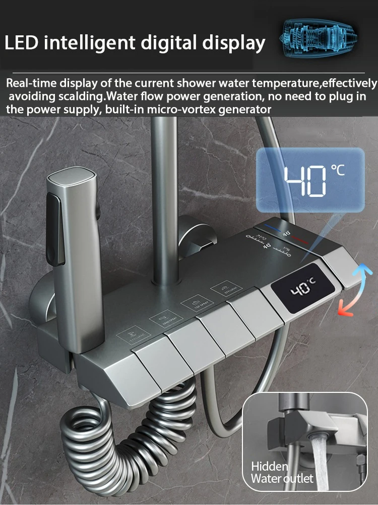 Grey Piano Digital Shower Set Intelligent Brass Bathroom Faucets Hot Cold Waterfall Tap Rainfall Gray Shower System chuveiro샤워기